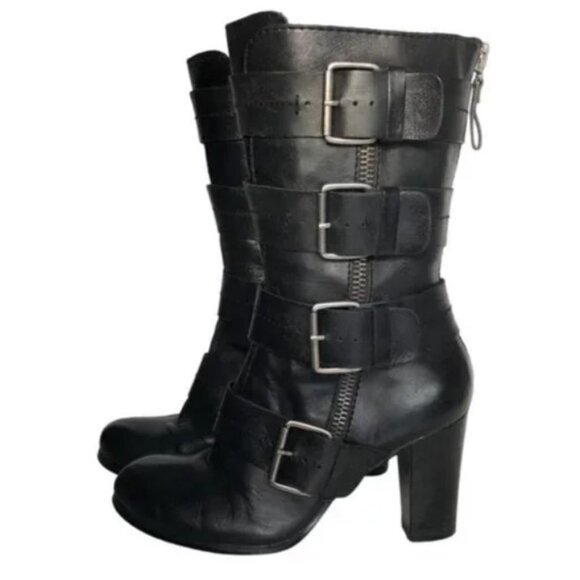 Rosegold Heeled Walt Boots Size 37.5 Black Leather Straps Buckles Belts - Picture 1 of 14